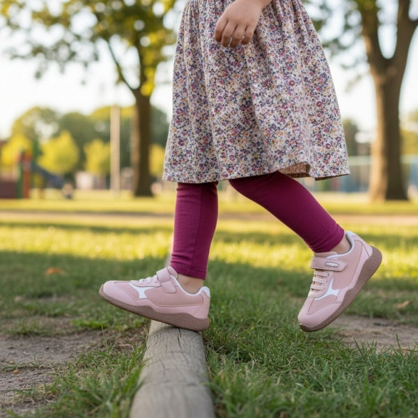 Criança a caminhar na relva com sapatilhas barefoot Chetto Mesh em rosa