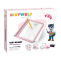 Caixa do produto KidyWolf KIDYDRAW Fashion na cor rosa, mostrando o tablet luminoso, um lápis, e a mascote da marca com um avental de pintor.