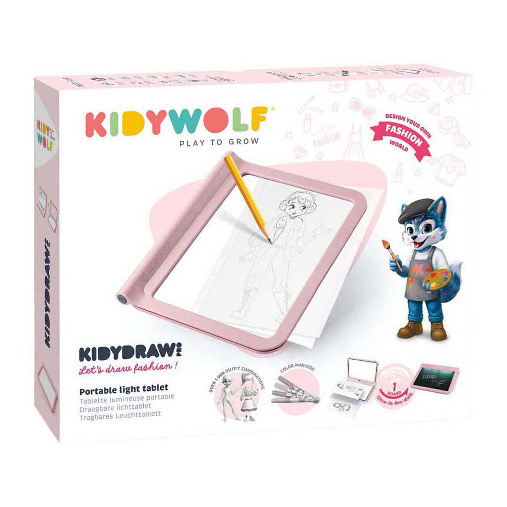 Caixa do produto KidyWolf KIDYDRAW Fashion na cor rosa, mostrando o tablet luminoso, um lápis, e a mascote da marca com um avental de pintor.