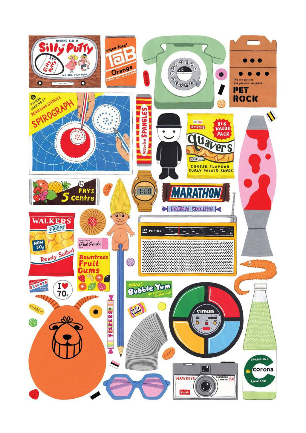 Ilustração completa do puzzle Happily "In the 70's" de 1000 peças, exibindo um detalhado collage de elementos icónicos da década de 70.