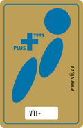 Certificação Plus Test com logotipo azul em fundo dourado.