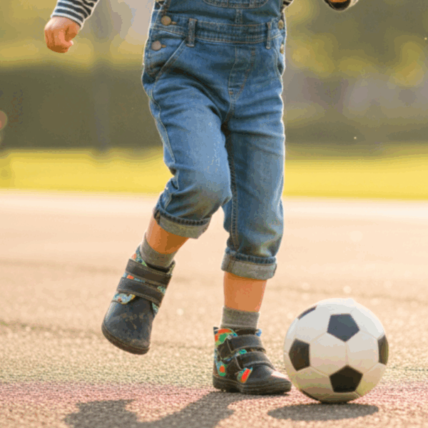 Criança a jogar futebol com as botas Baby Lobitos Barefoot Bota Bosque, evidenciando a flexibilidade e liberdade de movimento do calçado respeitador.