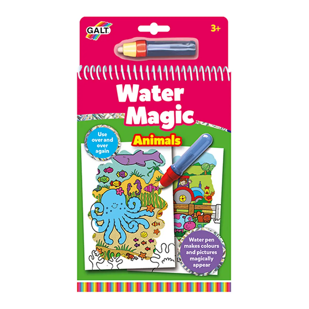 Embalagem do livro Galt Water Magic com o tema Animais, destacando um polvo e a caneta de água mágica.