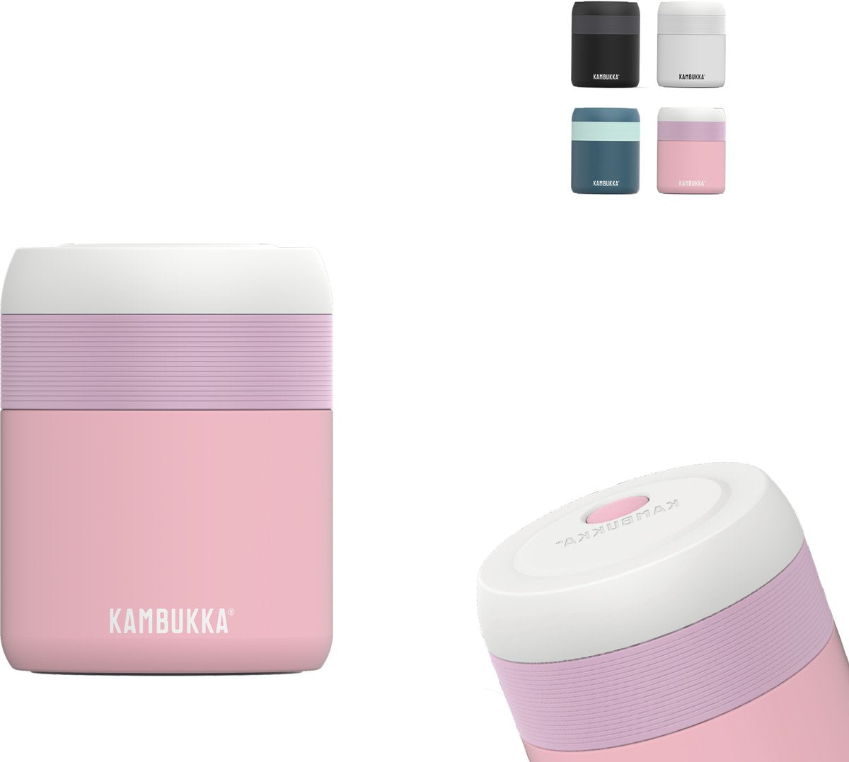 Vários termos para sólidos Kambukka Bora 600ml em diferentes cores (preto, branco, azul-esverdeado, rosa), destacando o modelo rosa em primeiro plano.