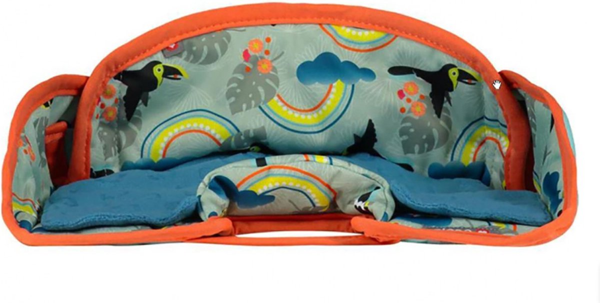 Protetor de assento de carro Close com padrão de tucanos, arco-íris e folhas tropicais, acolchoado azul e borda laranja.