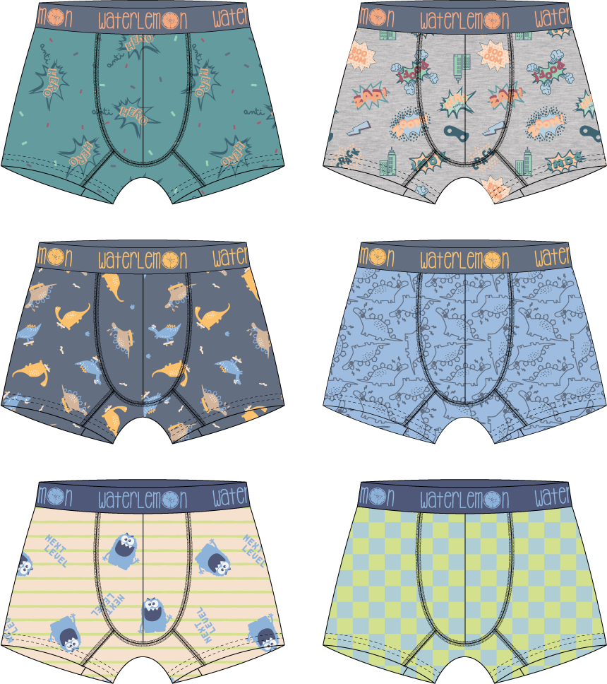 Ilustração de seis designs diferentes de boxers Waterlemon para criança, incluindo padrões de dinossauros, banda desenhada e geométricos.