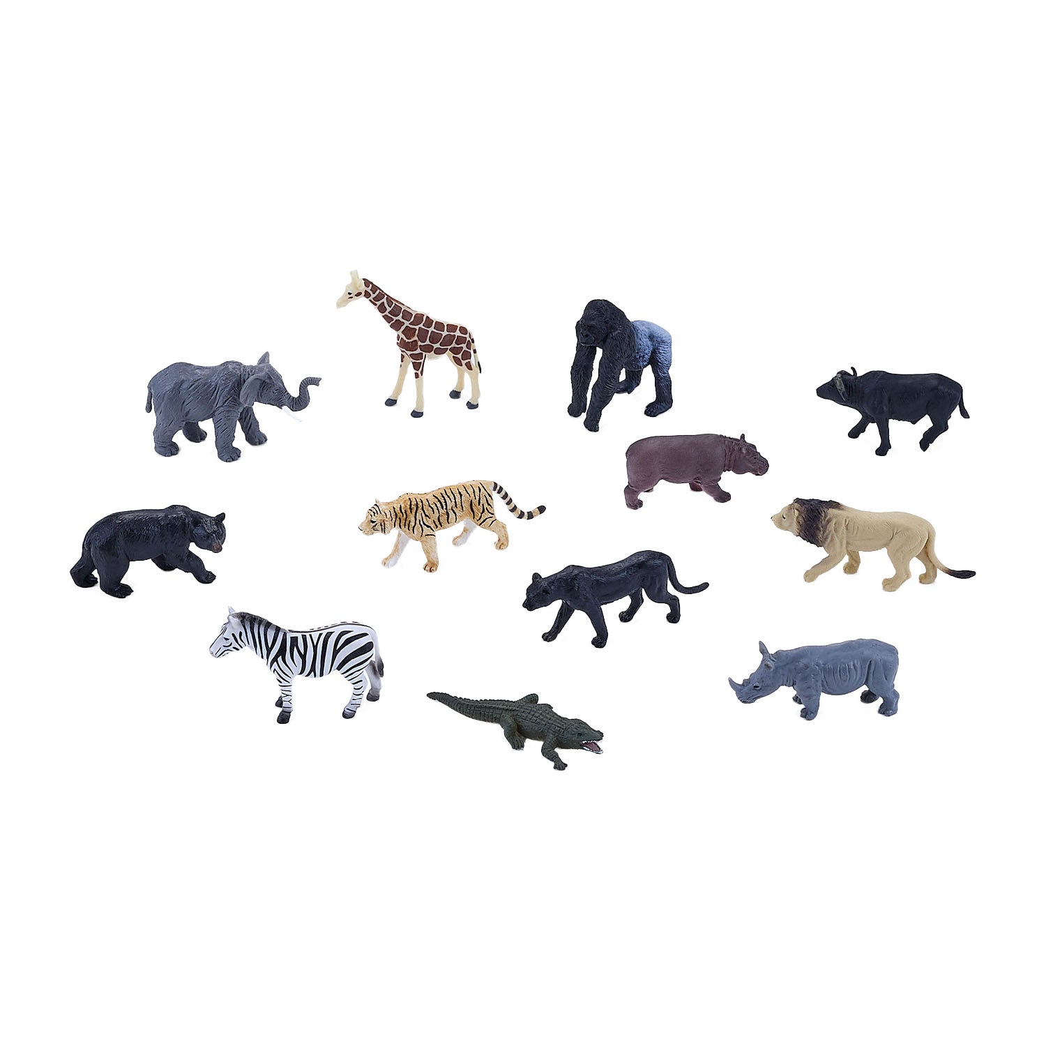 Vista superior das 12 miniaturas Mojo Animais Selva, incluindo leão, zebra, girafa, elefante e outros, dispostas em fundo branco.