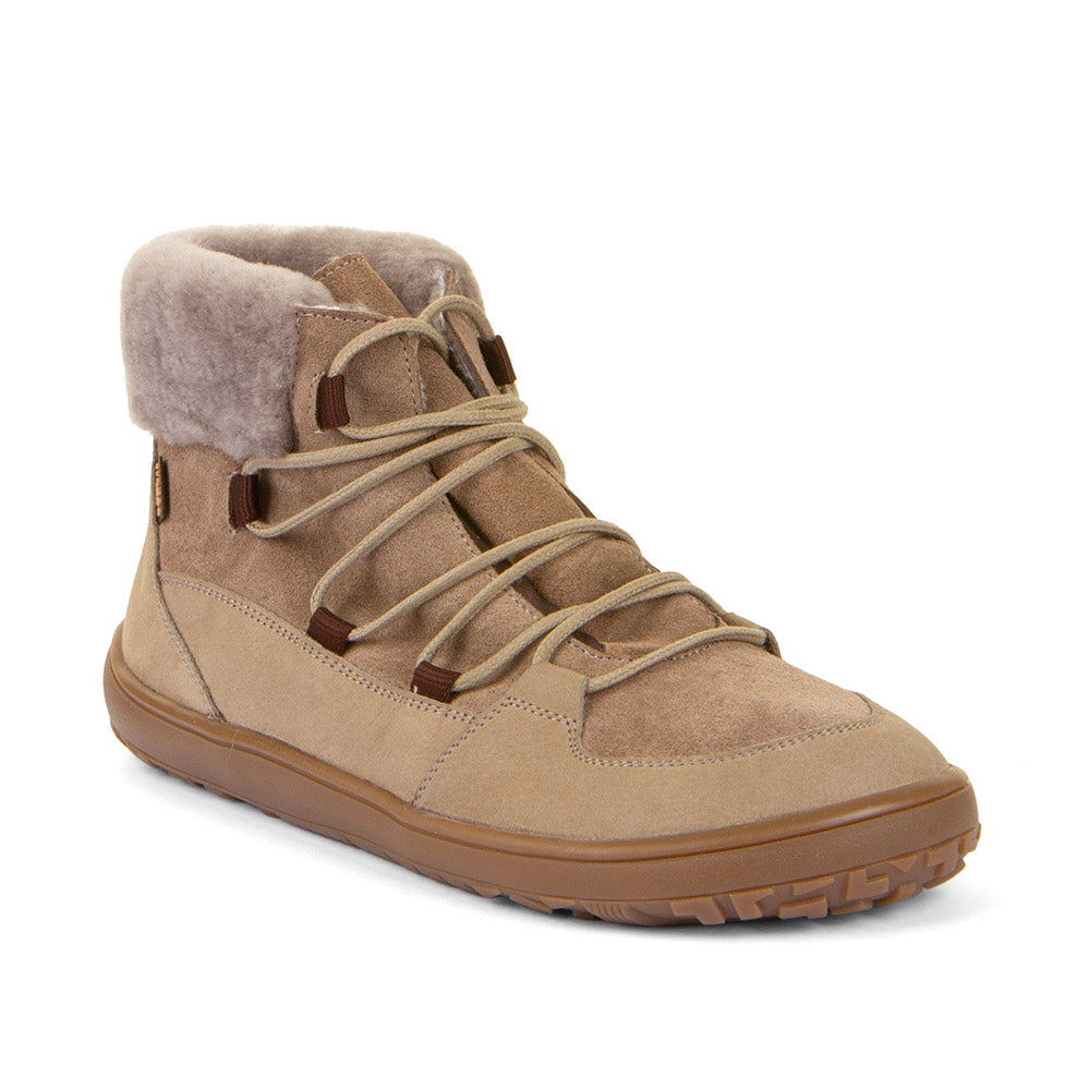 Bota infantil Froddo Barefoot Impermeável TEX Furry Taupe, vista lateral, com atacadores e forro de pelo visível.