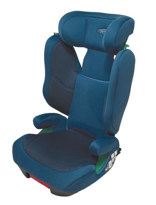 Cadeira auto Klippan Wego2 em azul, também com encosto de cabeça ajustável e braços acolchoados. Assim como a versão preta, apresenta guias verdes para o cinto de segurança e fixações Isofix, destacando-se pelo design que proporciona conforto e segurança durante as viagens.