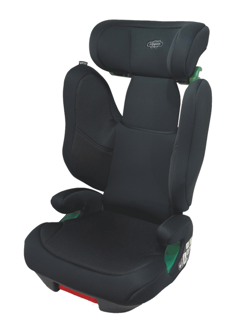Cadeira auto Klippan Wego2 em preto, com encosto de cabeça ajustável e braços acolchoados. A cadeira possui guias verdes para o cinto de segurança e fixações Isofix visíveis. O design é ergonômico, garantindo conforto e segurança para a criança.