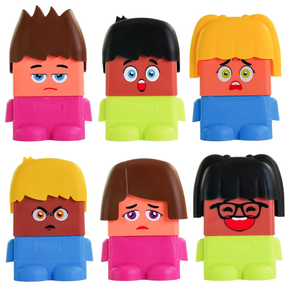 Seis personagens "Emoti Blocks" montadas, exibindo diferentes expressões emocionais como tristeza, surpresa, raiva e alegria.