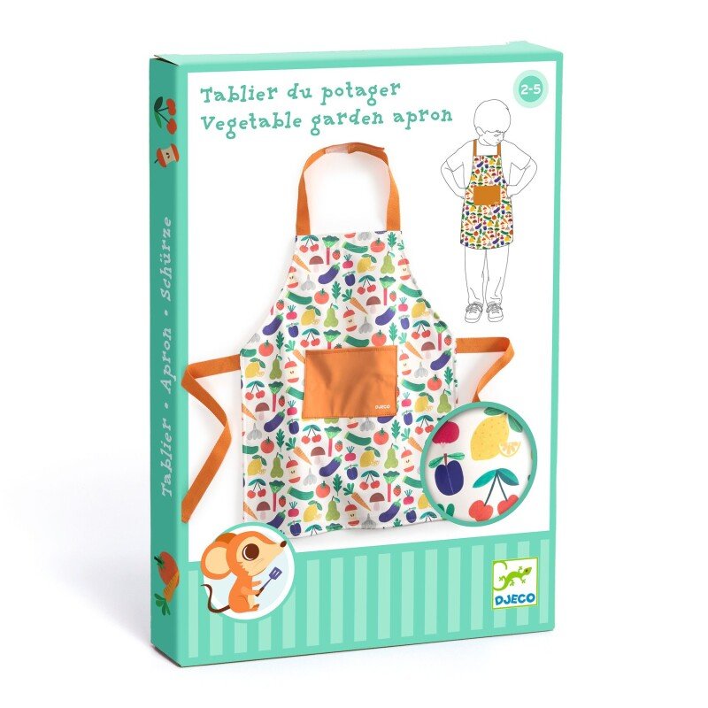 Avental Djeco Vegetais e Frutas desdobrado, exibindo o padrão completo de vegetais e frutas coloridos e o bolso frontal laranja.
