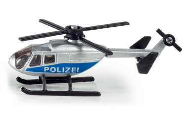 Miniatura SIKU Helicóptero da Polícia, vista lateral, mostrando o corpo prateado, detalhe azul com a inscrição 'POLIZEI' e hélices pretas.
