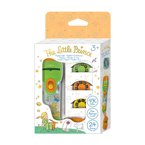 Caixa do projetor de luz 'O Principezinho' da Avenir, mostrando a lanterna verde e laranja e os três discos de projeção incluídos. Idade recomendada 3+.