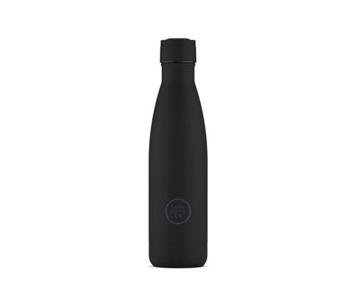 Garrafa Térmica Cool Bottles Mono Black 500ml, vista frontal fechada, com logótipo.