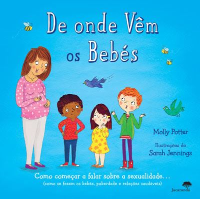 Capa do livro infantil "De Onde Vêm os Bebés" de Molly Potter, mostrando uma mulher grávida e quatro crianças diversas, com o subtítulo sobre como começar a falar sobre sexualidade.