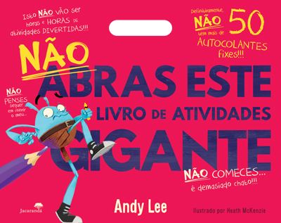 Capa do livro de atividades gigante "Não Abras Este Livro" de Andy Lee, com personagem Wizz e texto vibrante em rosa e azul.