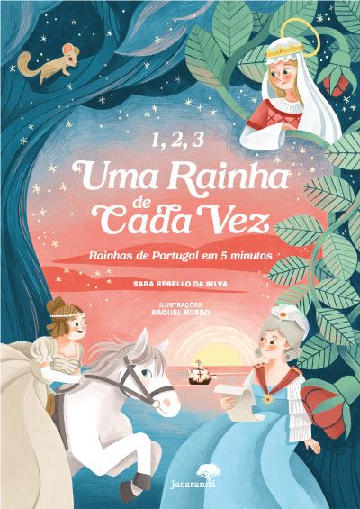 Capa do livro infantil "1, 2, 3 Uma Rainha de Cada Vez" com ilustrações de três figuras femininas históricas, um rato e um navio, sobre um fundo de pôr do sol.
