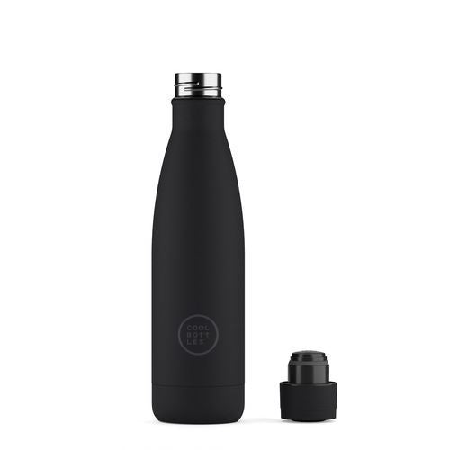 Garrafa Térmica Cool Bottles Mono Black 500ml, com tampa removida ao lado, mostrando interior.