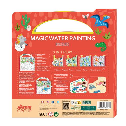 Verso da embalagem Avenir "Dinosaurs", detalhando o conteúdo 3 em 1: pintura mágica, 2 jogos e 101 autocolantes.