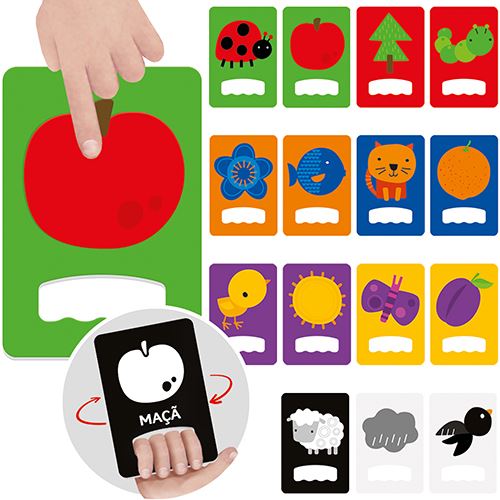 Conjunto de flashcards táteis Headu com diferentes imagens de alto contraste, demonstrando a variedade de texturas e cores.