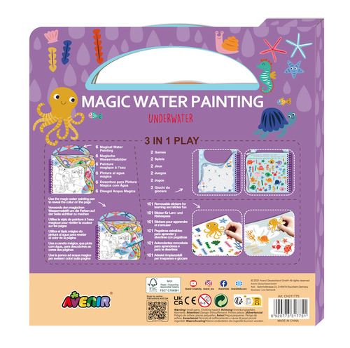 Verso da embalagem Avenir "Underwater", detalhando o conteúdo 3 em 1: pintura mágica, 2 jogos e 101 autocolantes.