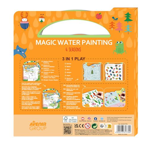 Verso da embalagem Avenir "4 Seasons", detalhando o conteúdo 3 em 1: pintura mágica, 2 jogos e 110 autocolantes.