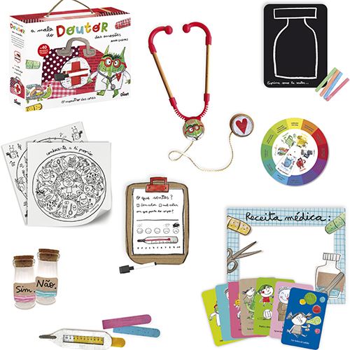 Conteúdo completo da Mala do Doutor das Emoções, incluindo estetoscópio de brincar, roda das emoções, cartões, termómetro e outros acessórios lúdicos.