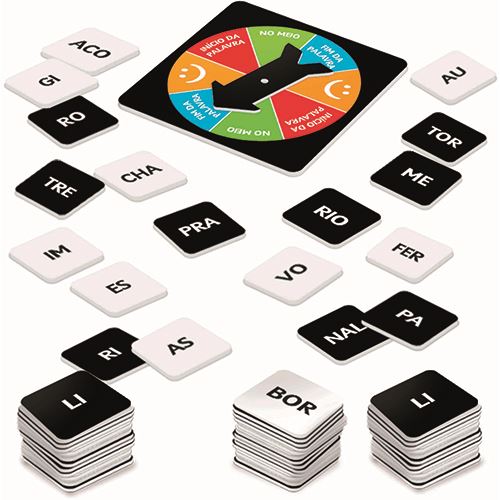 Componentes do jogo Palavri Palavra dispostos, incluindo a roleta central e várias peças quadradas com sílabas e grupos de letras.