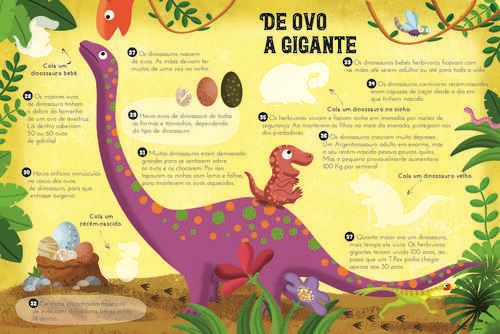 Página interior do livro "300 Factos - Animais | Dinossauros | Animais Minúsculos" com ilustrações de dinossauros e ovos, e pequenos textos com factos curiosos sobre dinossauros.