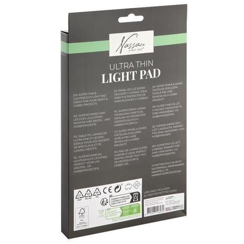 Verso da embalagem da Mesa de Luz Nassau, destacando o design fino e as especificações multilingues.