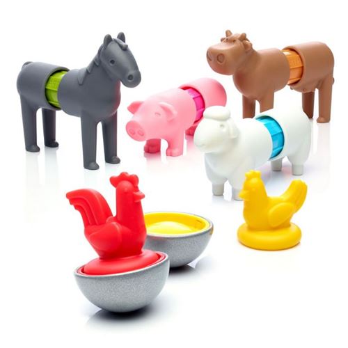 Conjunto de animais da quinta SmartMax My First Farm Animals montados, incluindo cavalo, porco, vaca, ovelha, galinha e galo, em fundo branco.