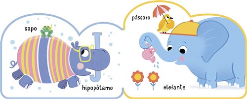 Ilustração de livro com animais: hipopótamo de pijama listrado com óculos, sapo, elefante a regar flores com chapéu e guarda-chuva, com as palavras "sapo", "hipopótamo", "pássaro" e "elefante".