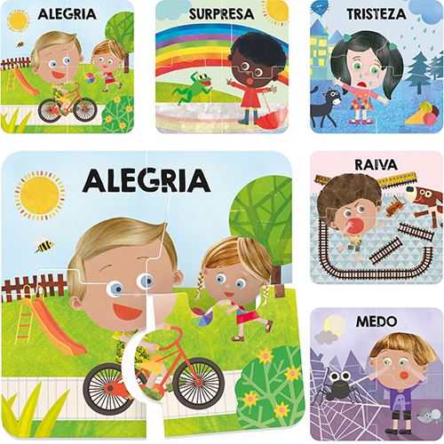 Conjunto de seis puzzles Headu que ilustram emoções: Alegria, Surpresa, Tristeza, Raiva e Medo, mostrando um puzzle de Alegria parcialmente montado.