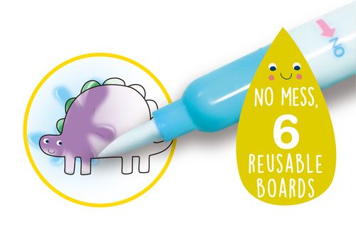 Close-up da caneta de água Avenir a colorir um dinossauro roxo, com destaque para o selo "NO MESS, 6 REUSABLE BOARDS".