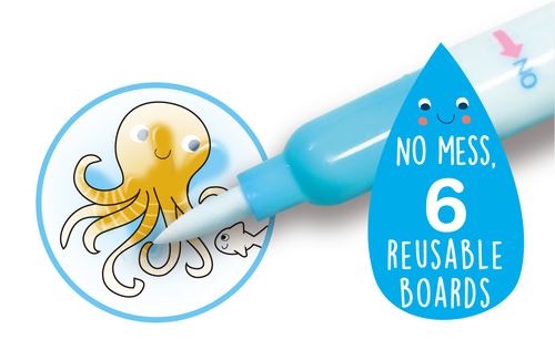 Close-up da caneta de água Avenir a colorir um polvo amarelo, com destaque para o selo "NO MESS, 6 REUSABLE BOARDS".