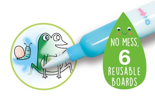 Close-up da caneta de água Avenir a colorir um sapo verde, com destaque para o selo "NO MESS, 6 REUSABLE BOARDS".