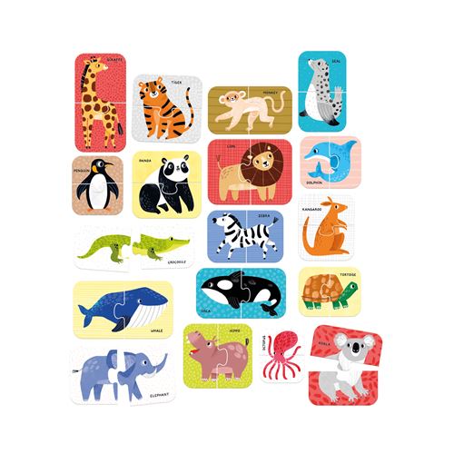 Todas as 18 peças de puzzle de dois pares do Banana Panda Animais Selvagens espalhadas, mostrando diferentes animais como girafa, tigre, panda e baleia.