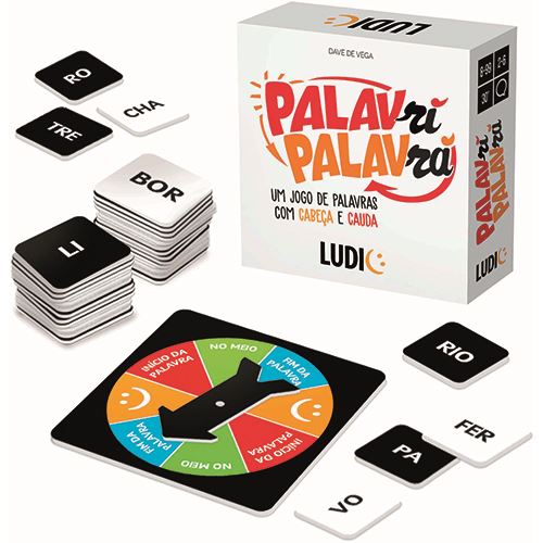 Vista geral do jogo Palavri Palavra com a caixa, a roleta e pilhas de peças de letras pretas e brancas.