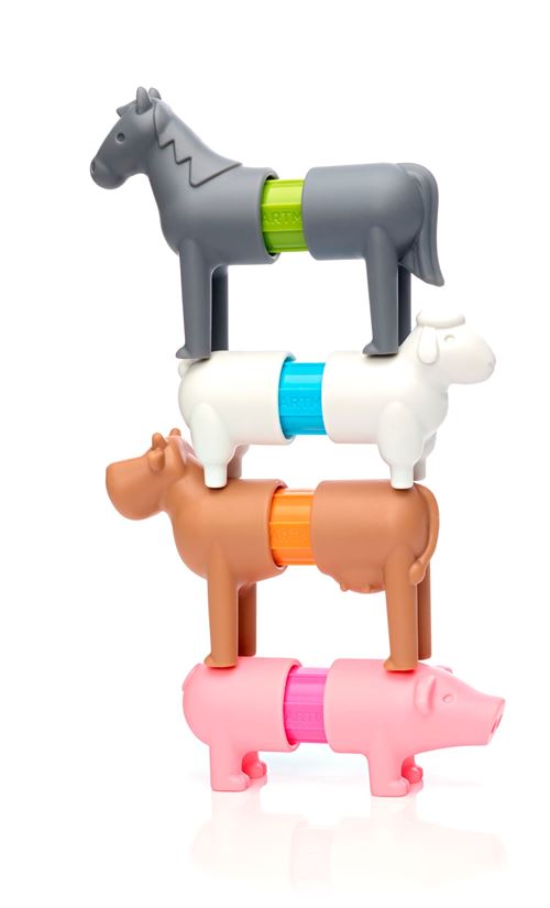 Animais da quinta SmartMax My First Farm Animals empilhados verticalmente, mostrando a modularidade das peças magnéticas.