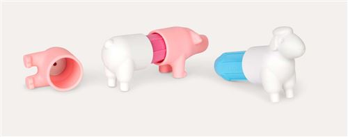 Peças de porco e ovelha SmartMax My First Farm Animals separadas e parcialmente montadas, mostrando a cor dos conectores magnéticos.