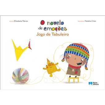 A capa do jogo de tabuleiro "O novelo de emoções" de Elizabete Neves, mostrando a ilustração de uma menina com um gorro colorido, um novelo de lã e o logótipo da Porto Editora.