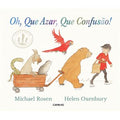 Capa do livro infantil 'Oh, que Azar, que Confusão!' de Michael Rosen, ilustrando um menino a caminhar, seguido por um urso, um papagaio e outros animais num carrinho.