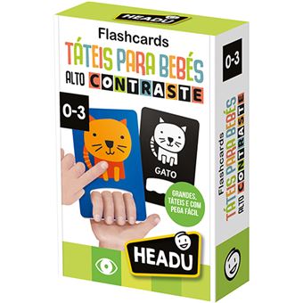 Embalagem dos Flashcards Táteis Headu para bebés, mostrando o design de alto contraste e a faixa etária recomendada (0-3 meses).