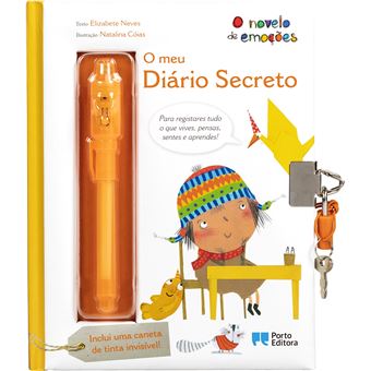 Capa do diário secreto "O meu Diário Secreto - O novelo de emoções" da Porto Editora, mostrando o diário amarelo com cadeado, uma caneta de tinta invisível e ilustrações coloridas de uma criança a escrever.