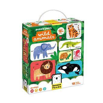 Caixa do puzzle Banana Panda Puzzle Pairs - Animais Selvagens, com ilustrações de vários animais e a indicação "18+ months" e "18 large puzzles".