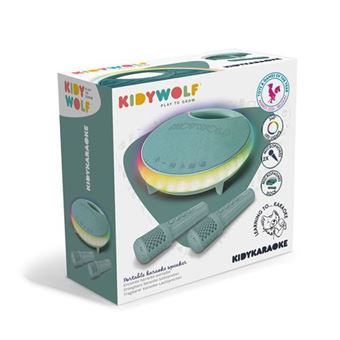 Embalagem do KidyWolf Karaoke Kidy, mostrando a coluna de som verde-água com luzes, dois microfones e prémios de design.
