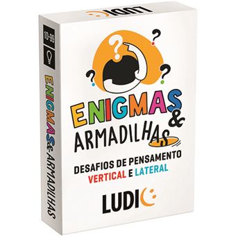 Caixa do jogo de cartas "Enigmas & Armadilhas" da marca Ludic, com um ponto de interrogação estilizado e texto indicativo de desafios de pensamento vertical e lateral.