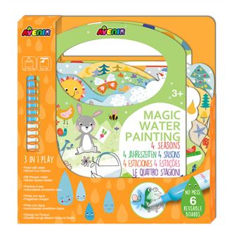 Embalagem do kit de pintura mágica com água Avenir "4 Seasons" mostrando a caneta, um coelho e o selo "3+".