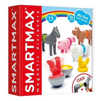 Caixa do SmartMax My First Farm Animals com 16 peças magnéticas coloridas, mostrando cavalo, porco, vaca, ovelha, galinha e galo, e a idade recomendada de 1-5 anos.